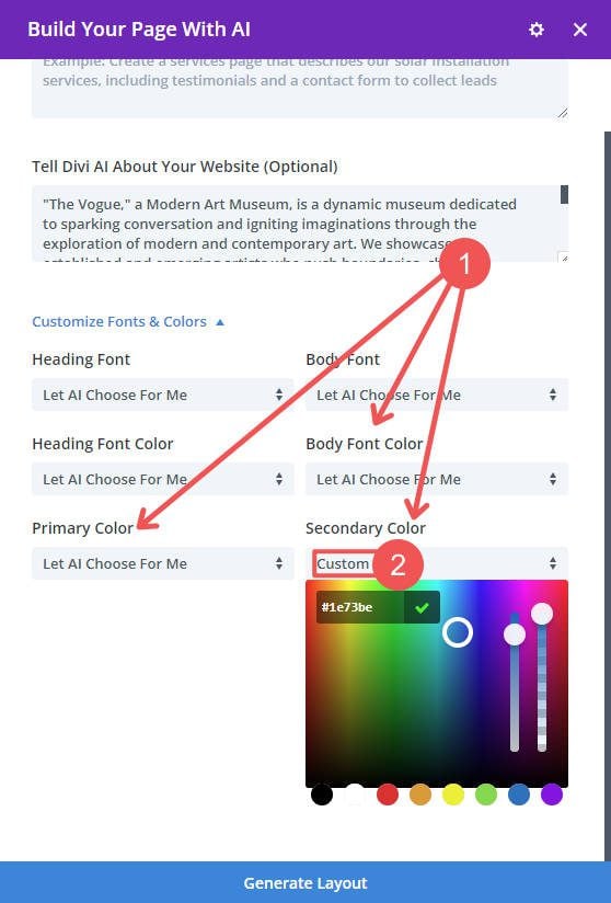 Scegli i colori dei caratteri e degli accenti - Divi Layouts AI