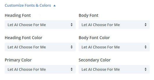 Opzioni di selezione di caratteri e colori - Divi Layouts AI