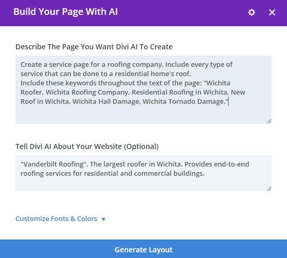 Fügen Sie SEO-Schlüsselwörter in die AI-Eingabeaufforderung von Divi Layouts ein – Beispiel für eine Eingabeaufforderung