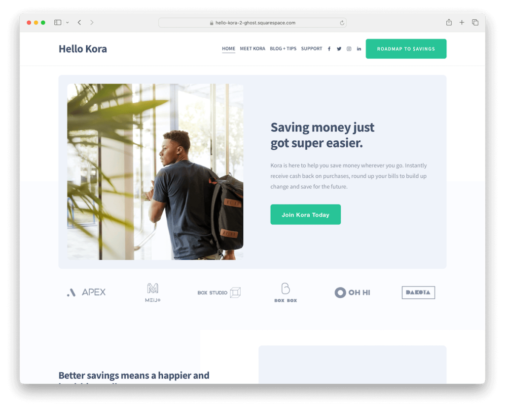 merhaba kora squarespace finans şablonu