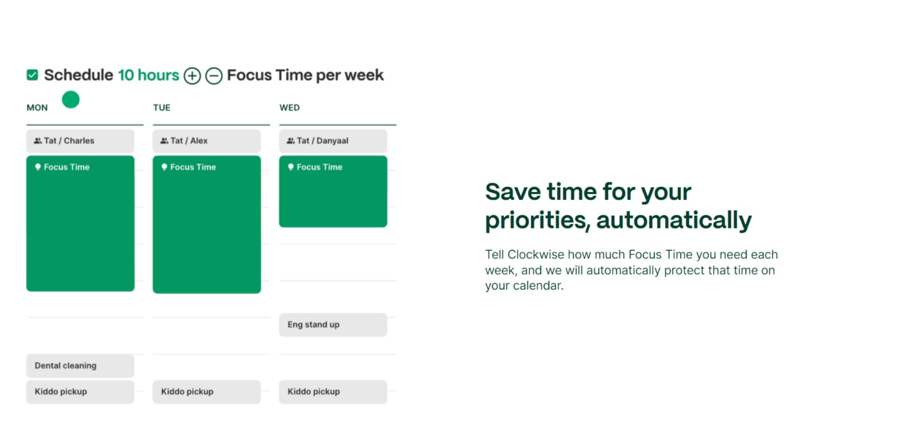 Clockwise の Web サイトからのフォーカス時間スケジュール機能のスクリーンショット
