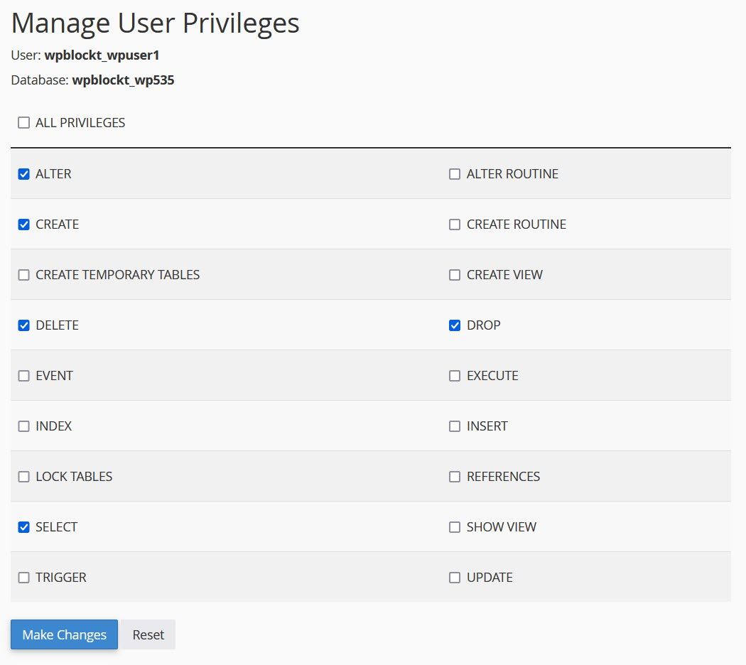 Privilegi insufficienti per l'utente del database