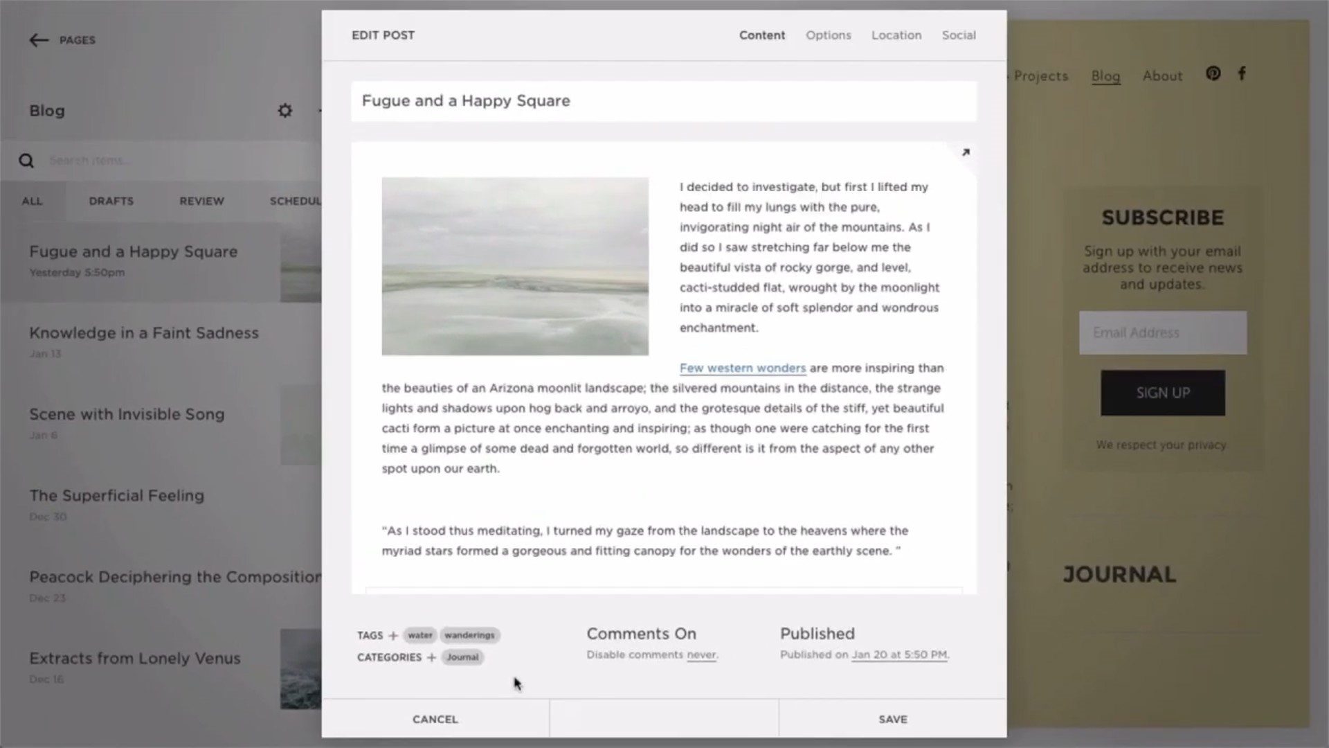 Squarespace-Blog-Editor mit Tags, Kategorien und Kommentaren