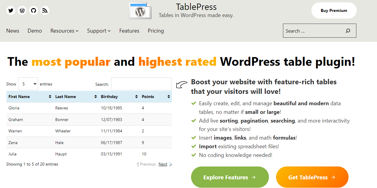 TablePress は、ライブ並べ替え、ページネーション、検索機能などの機能を備えた包括的な WordPress テーブル プラグインです。