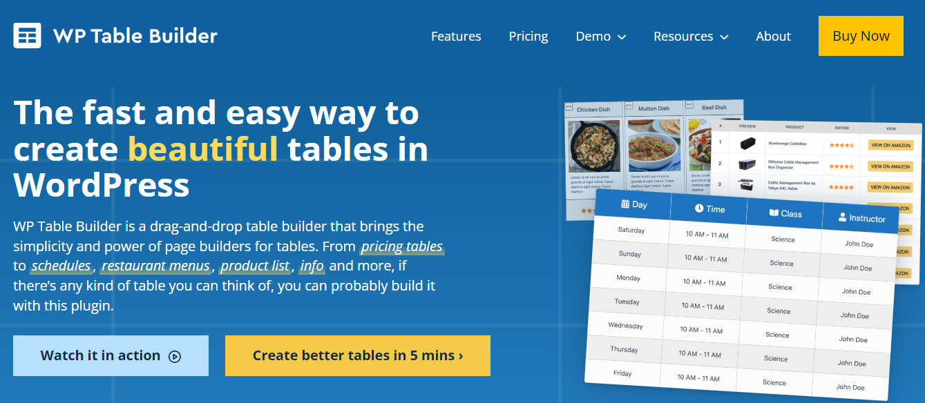 WP Table Builder を使用して、価格表、レストランのメニュー、クラスのスケジュールなどを作成できます。