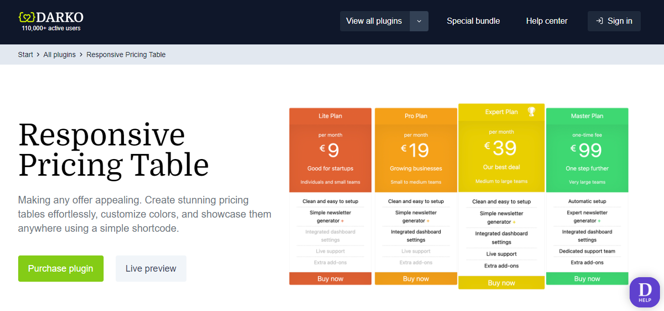 Responsive Pricing Table は、プランやサブスクリプションを販売する場合に検討できるもう 1 つのプラグインです。