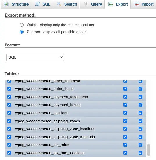 Exportar pestaña en phpMyAdmin