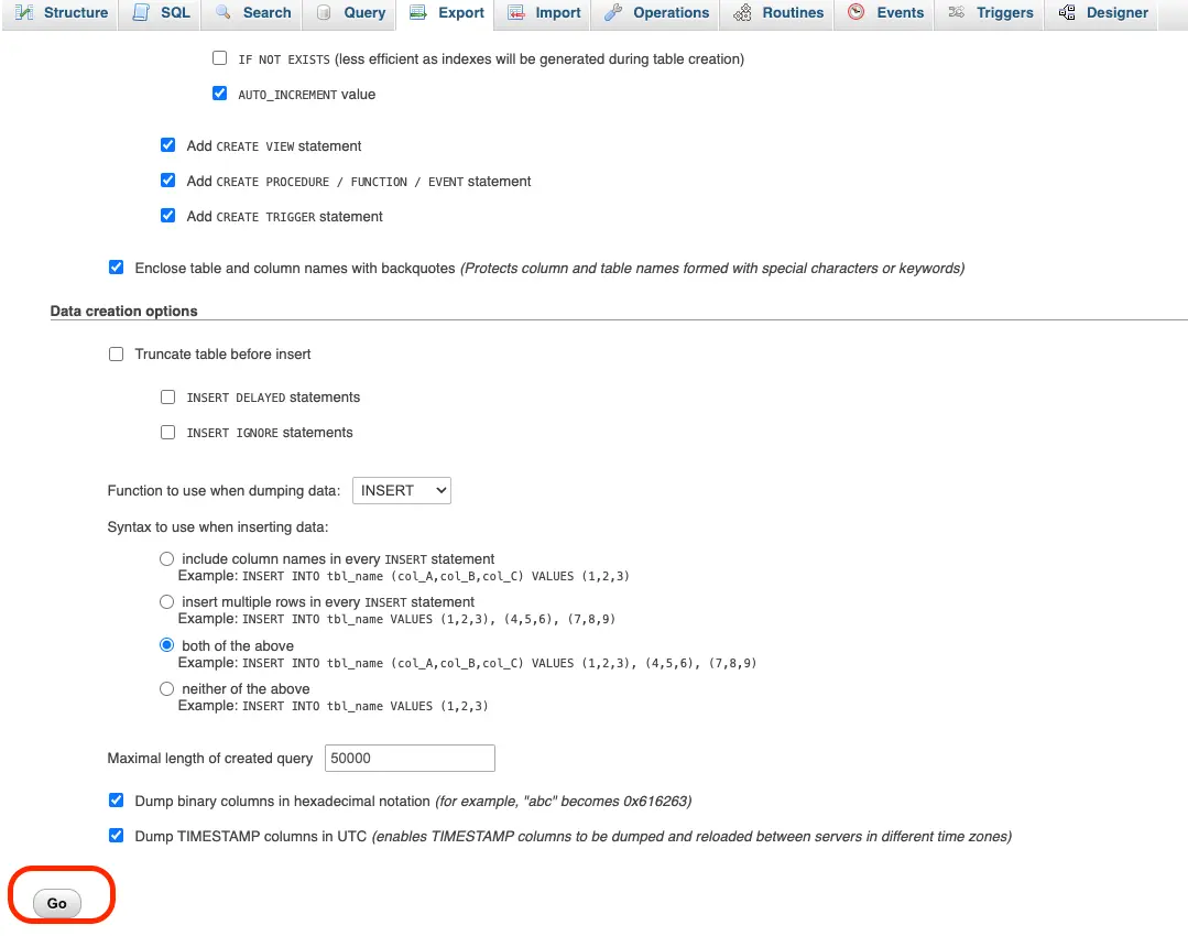 captura de pantalla que muestra la exportación de una base de datos de WooCommerce