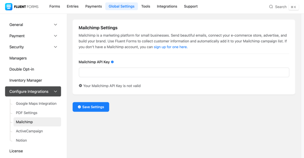 Mailchimp için API anahtarını sağlayın