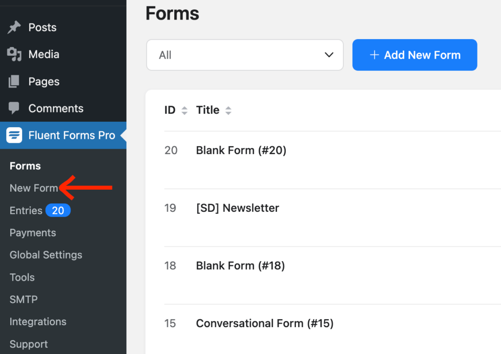 Açılır listeden Yeni Form'u seçin