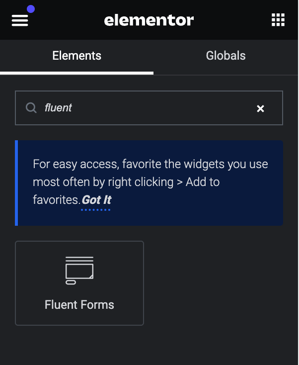 Trova il widget Fluent Forms in Elementor