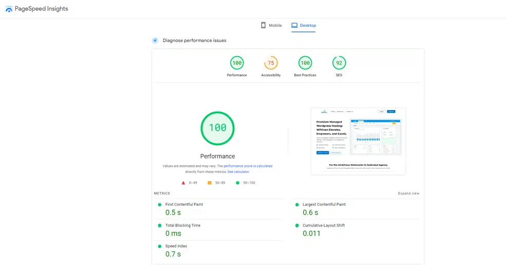 Page SPeed Insight result