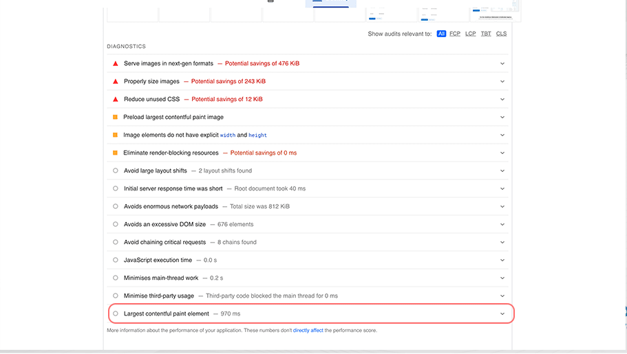 Google Page Speed Insight Diagnostics Report