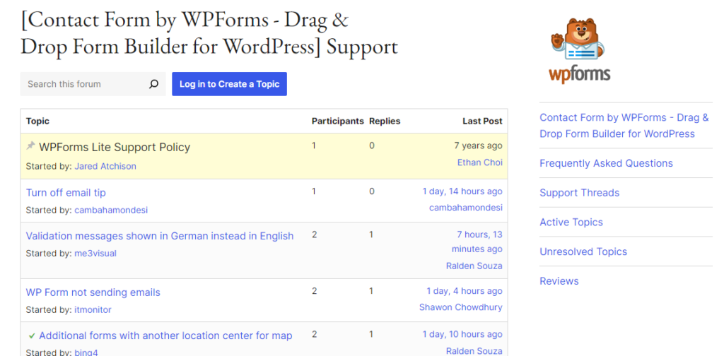 Forum d'assistance WPForms