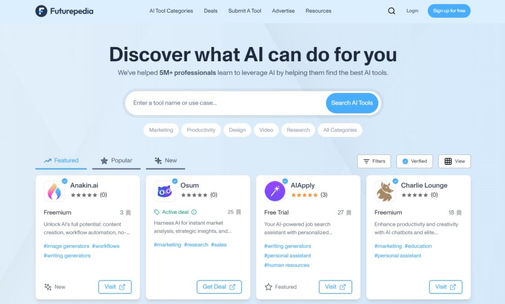 Futurepedia, un sitio web de directorio de herramientas de inteligencia artificial.