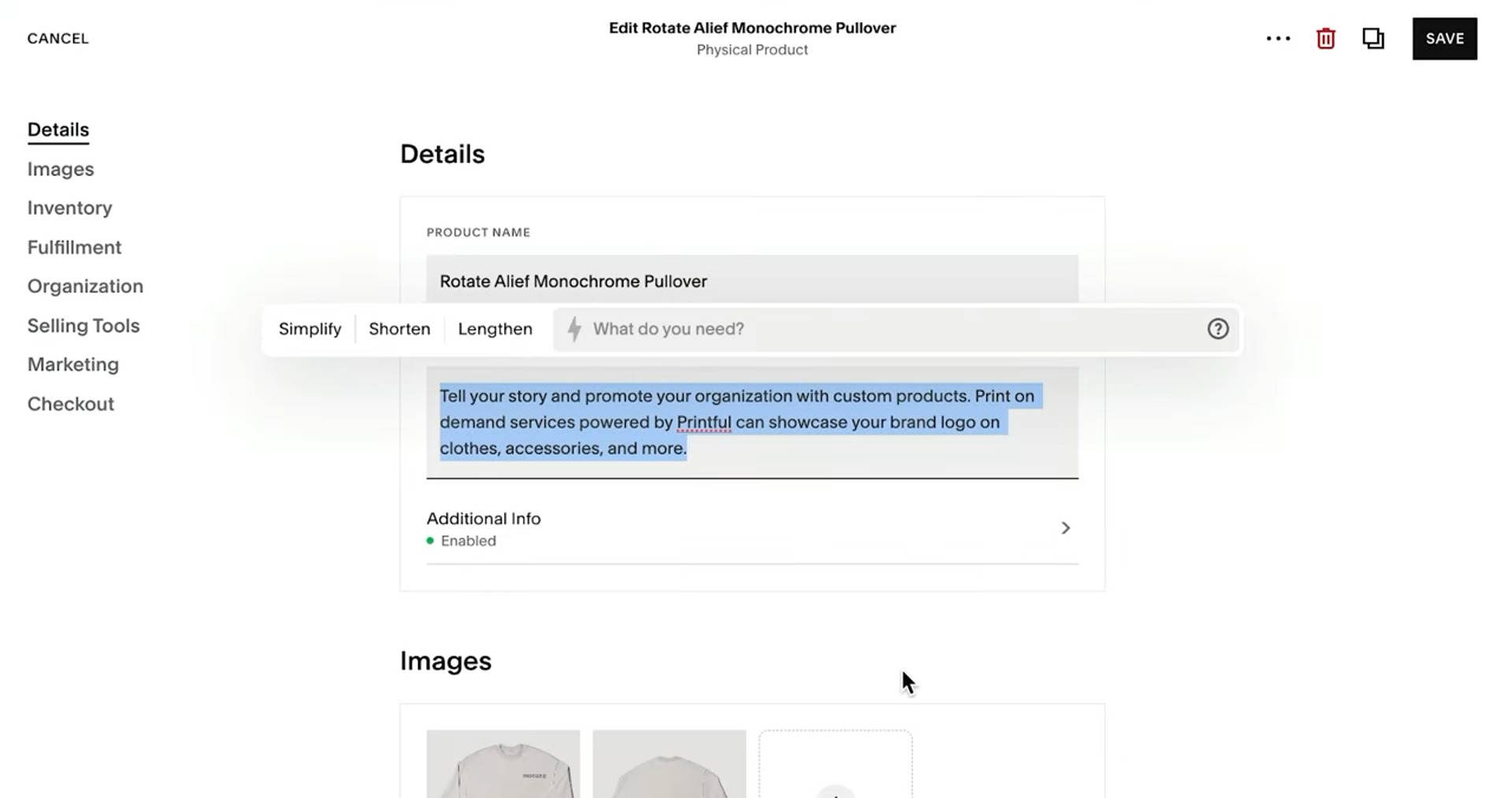 Squarespace AI 제품 설명 도구