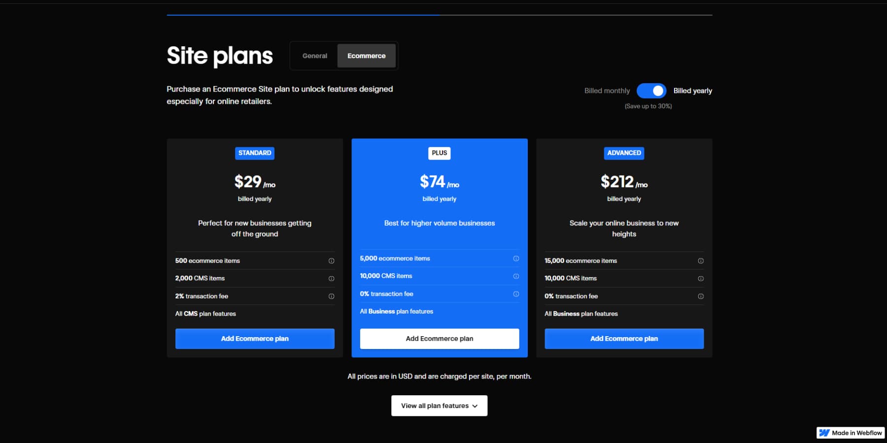 Uma captura de tela dos preços de comércio eletrônico do Webflow