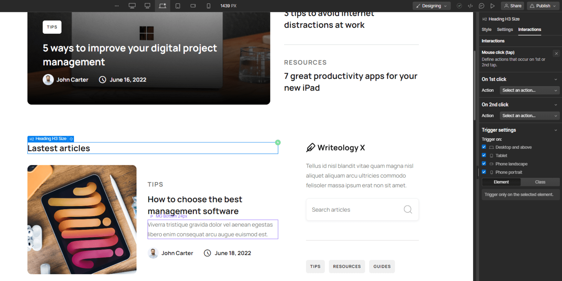 O captură de ecran a meniului de interacțiuni Webflow