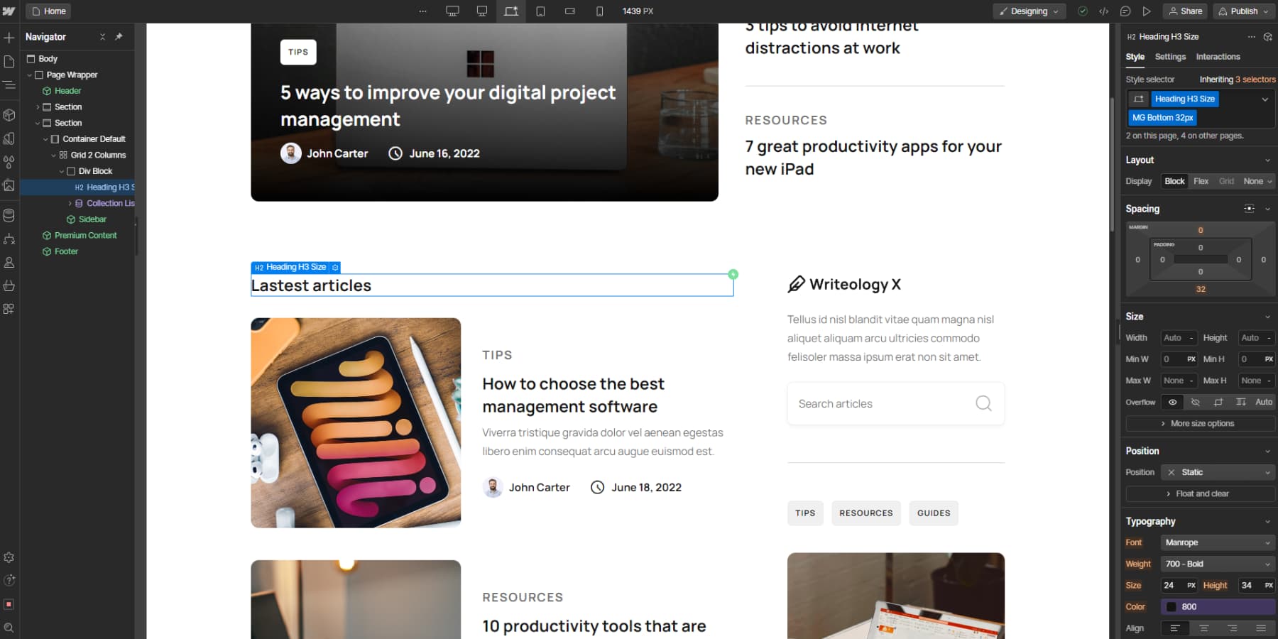 Uno screenshot dell'interfaccia utente di Webflow