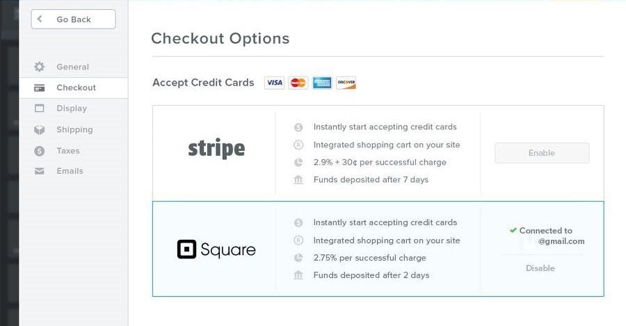 Opciones de pago de Weebly con Square