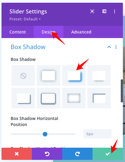 configuración del control deslizante de sombra de cuadro