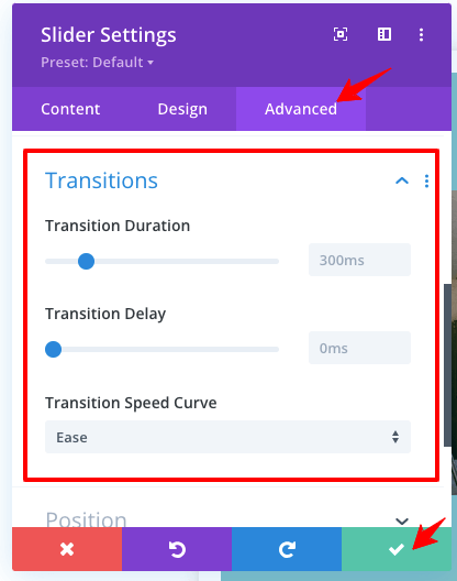 configurações do controle deslizante de transição