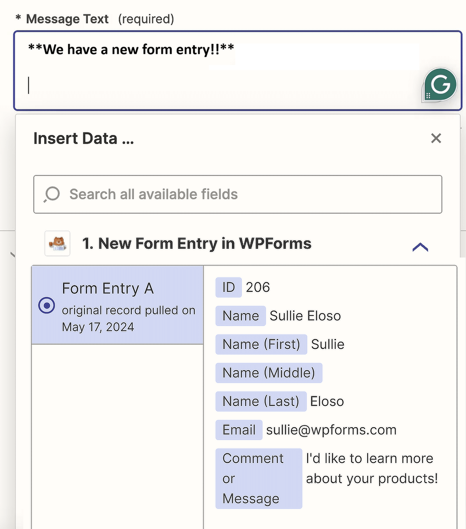 change message text and insert data