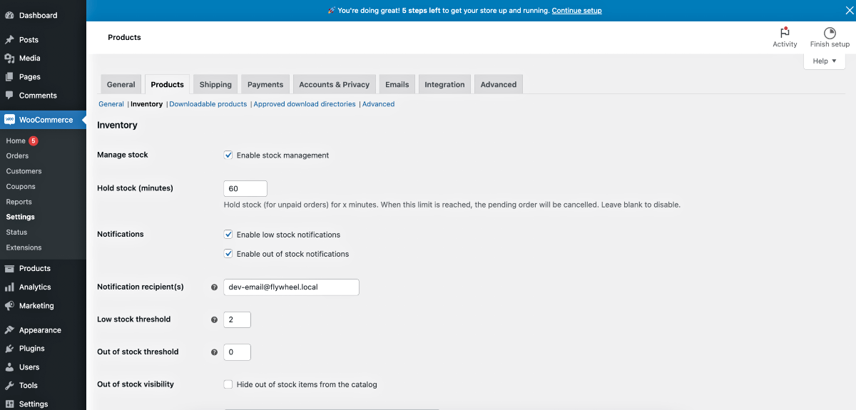 Configurações de inventário de produtos