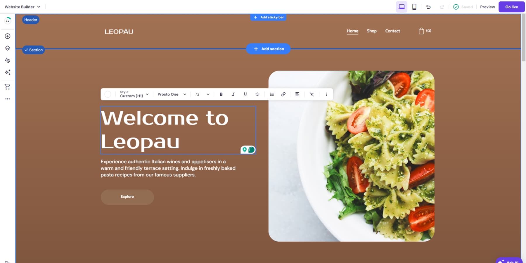 O captură de ecran a Editorului de text Hostinger Website Builder