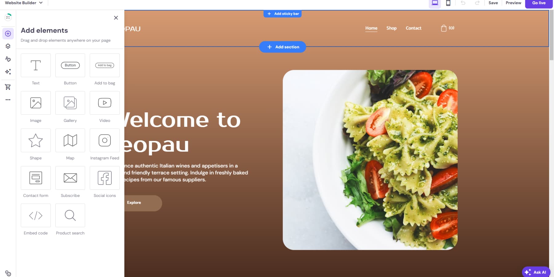 O captură de ecran a editorului Hostinger Website Builder