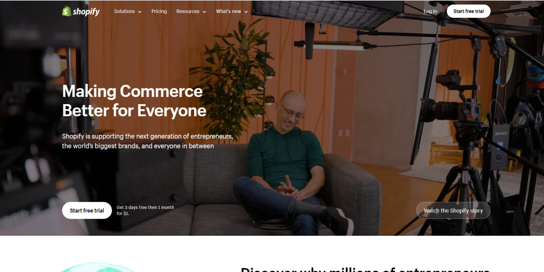 Une capture d'écran de la page d'accueil de Shopify