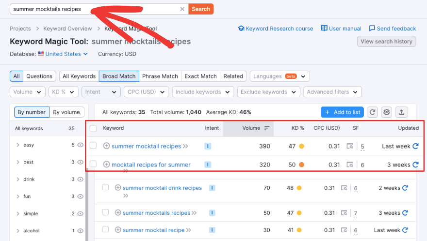 Ferramenta mágica de palavras-chave SEMrush