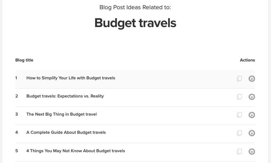 Resultados do gerador de ideias de postagem no blog