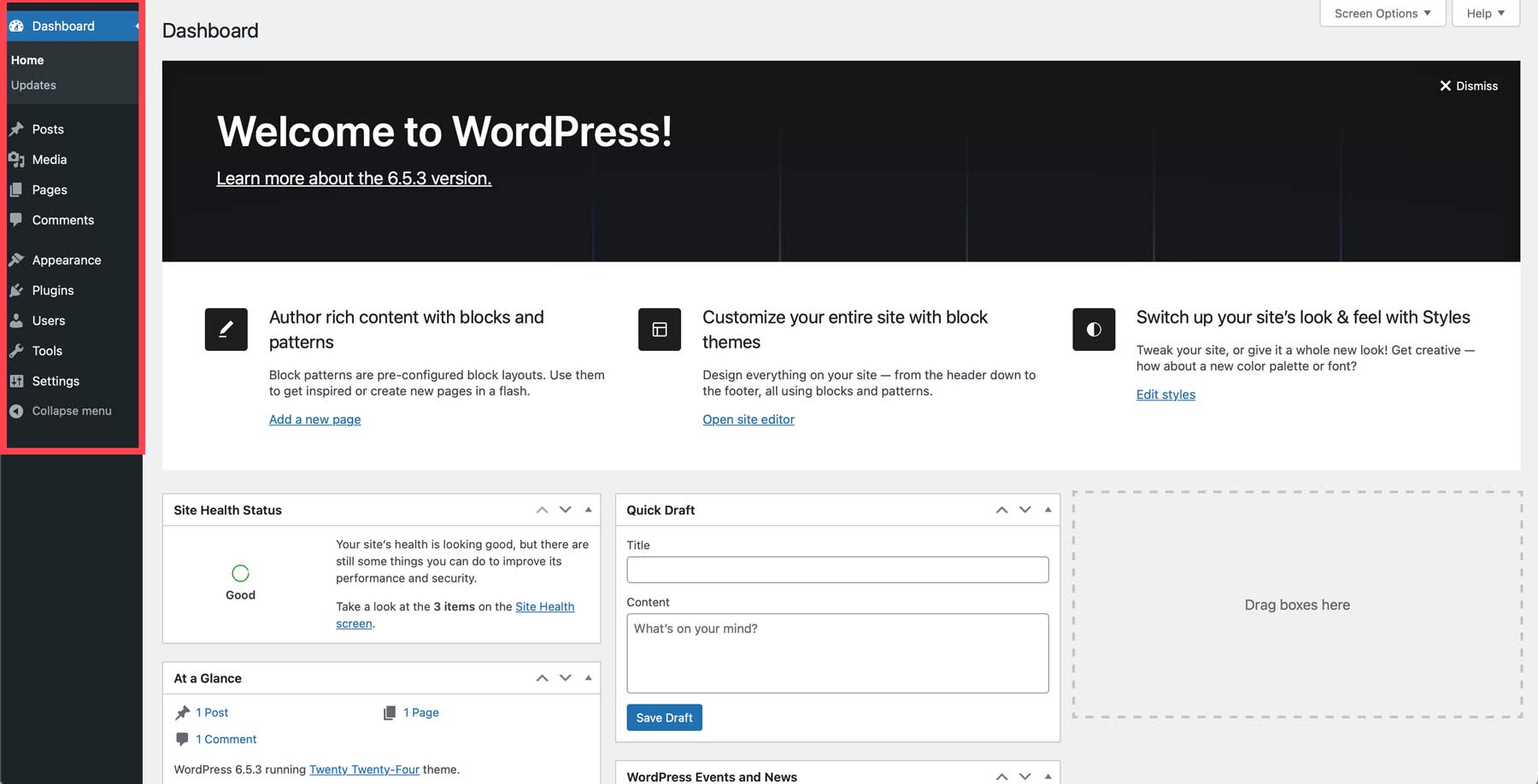 WordPress kontrol paneli