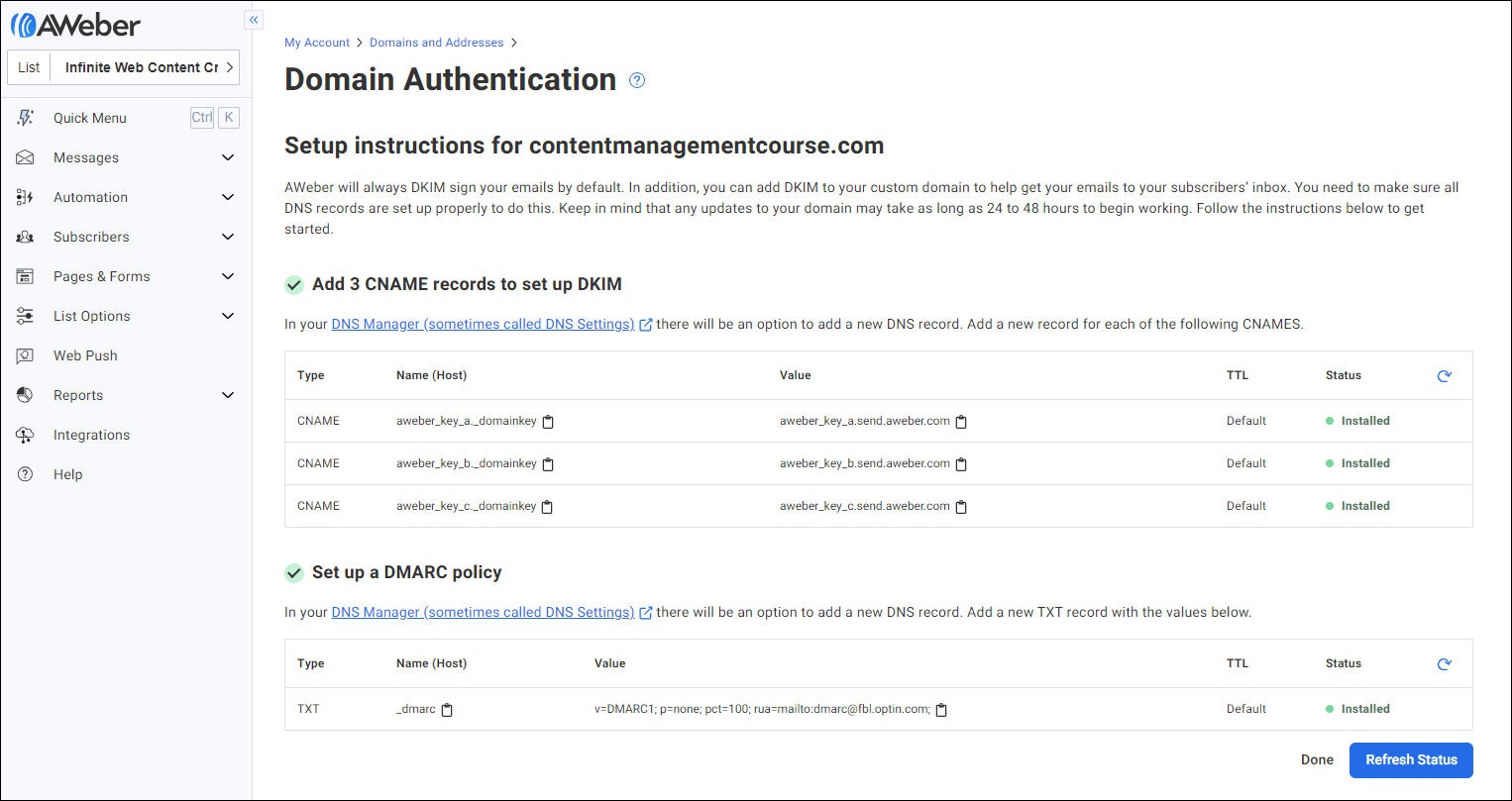 Layar Otentikasi Domain Aweber menampilkan domain email yang sepenuhnya diautentikasi.