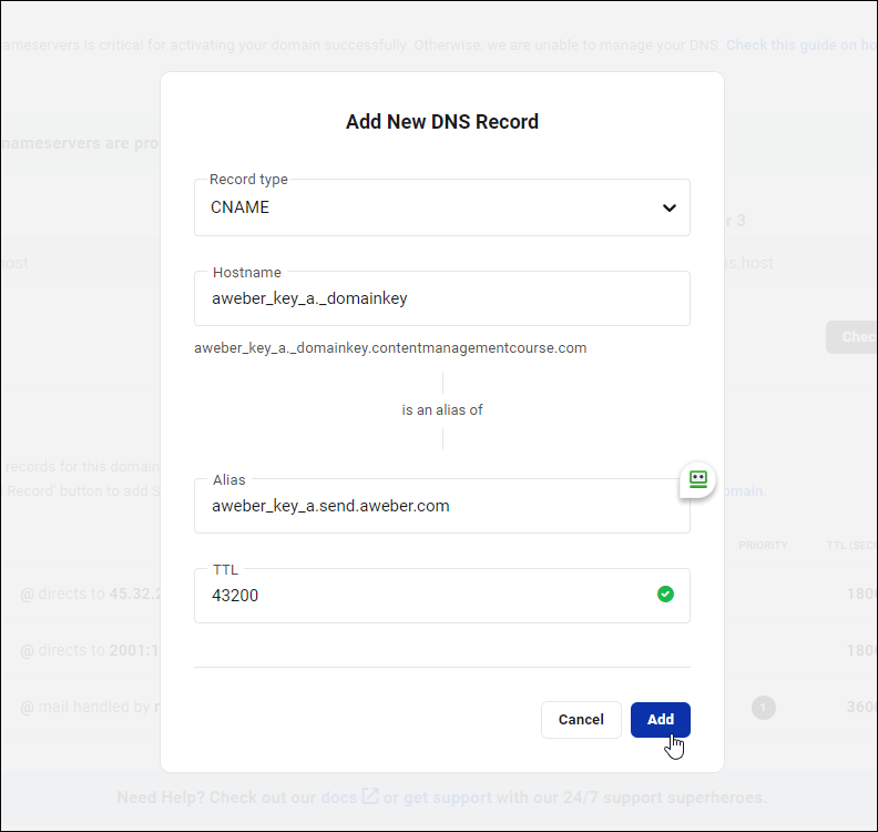 Schermata Aggiungi nuovo record DNS con CNAME selezionato nel campo Tipo di record e il record del nome host incollato