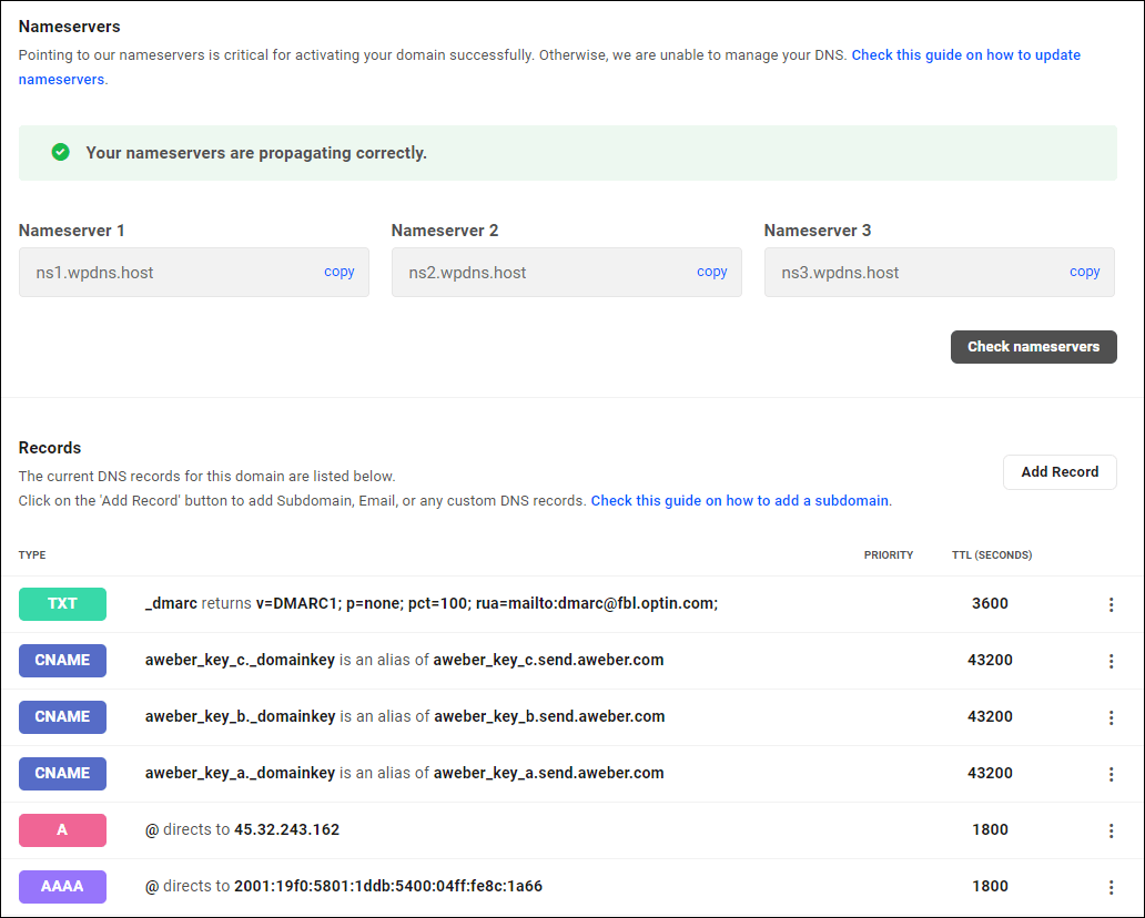 WPMU DEV DNS Manager con aggiunto il record DMARC TXT.