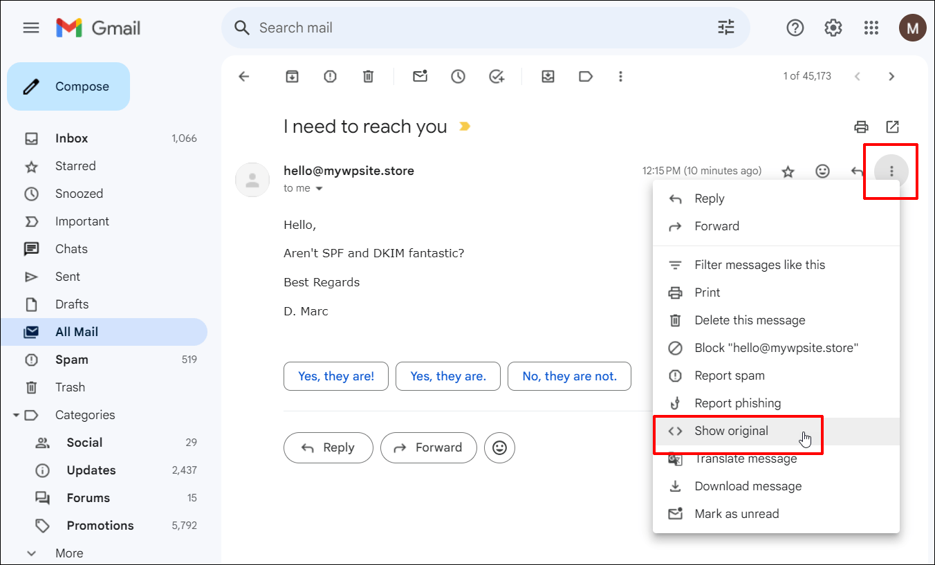 Gmail: muestra la opción de menú original seleccionada.