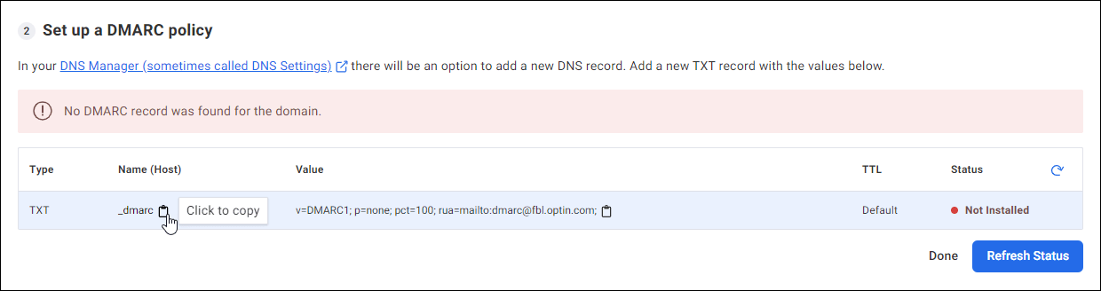 텍스트가 클립보드에 복사되는 Aweber의 DMARC 정책 설정 화면입니다.