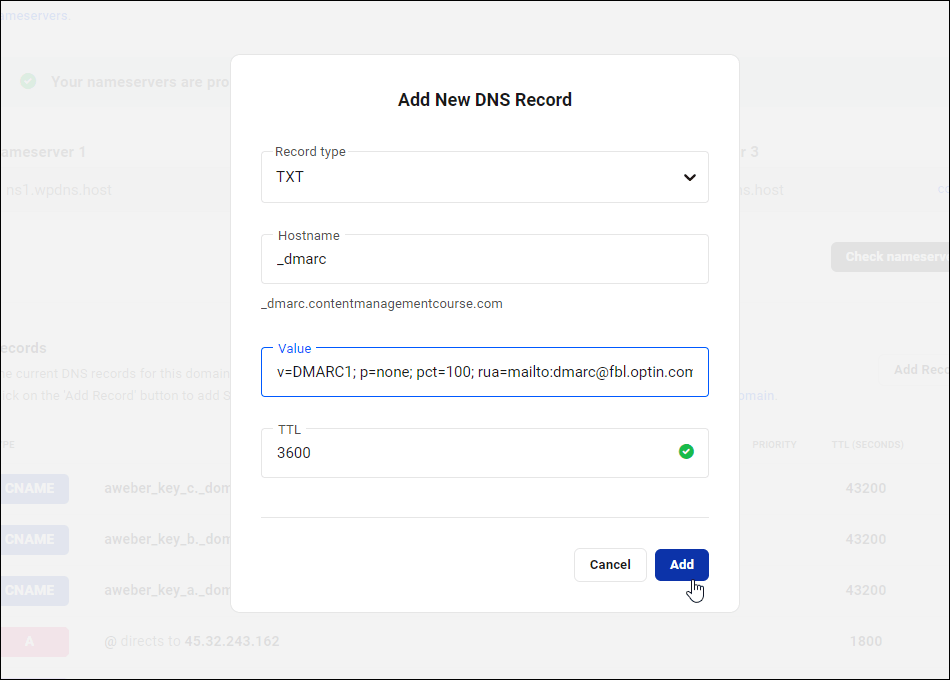 Aggiungi la NUOVA schermata di registrazione DNS.