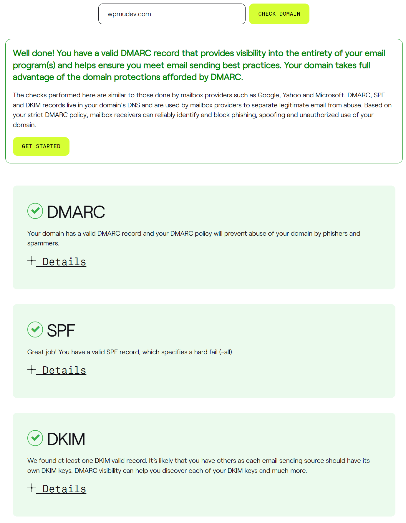 DMARC ドメイン チェッカーの結果