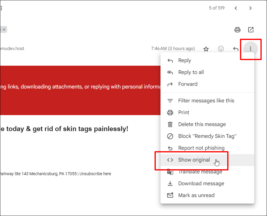 ตัวเลือก Gmail - แสดงต้นฉบับ