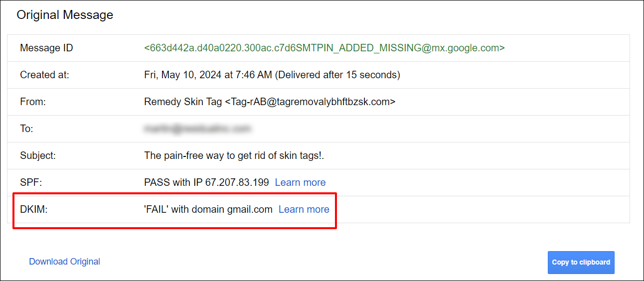 ส่วนหัวอีเมล Gmail - บันทึก DKIM ล้มเหลว