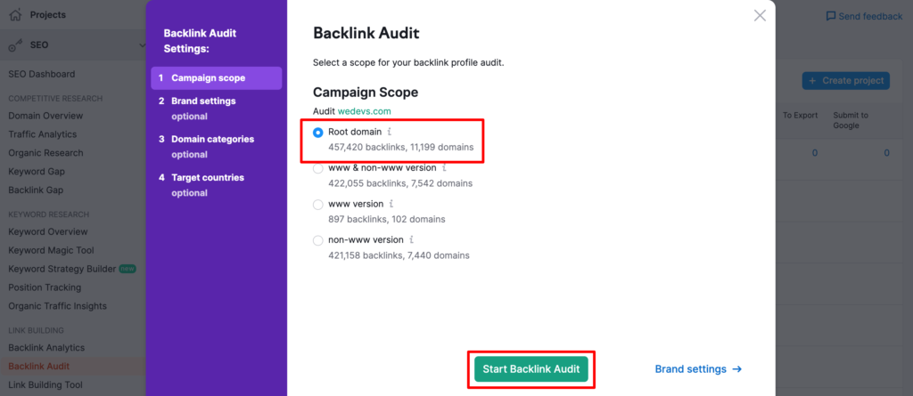 تُظهر هذه الصورة خيار Backlink Audit الخاص بأداة SEMrush.