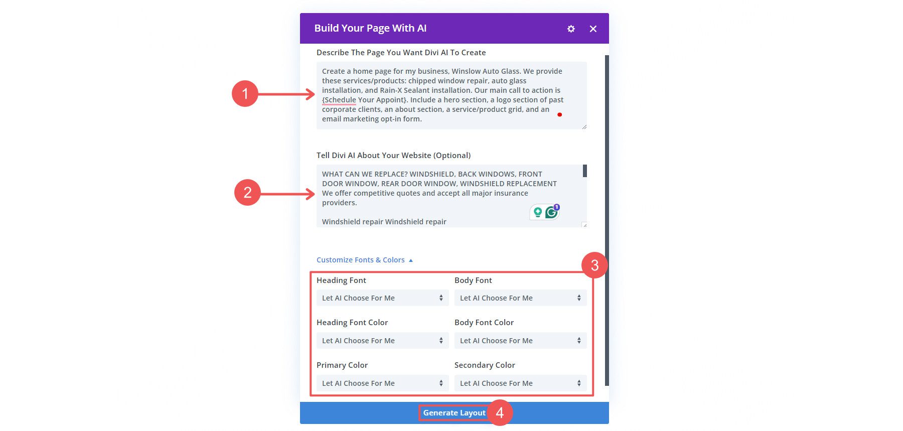 Divi AI Small Business AI Solicitare de creare a paginii