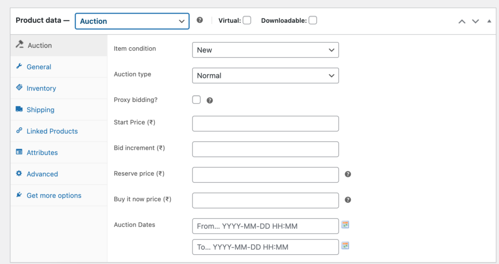 นี่คือภาพหน้าจอของผลิตภัณฑ์การประมูล WooCommerce