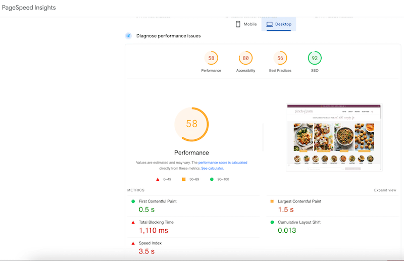 การวัดประสิทธิภาพบล็อก - ที่มา: Google PageSpeed ​​Insights 