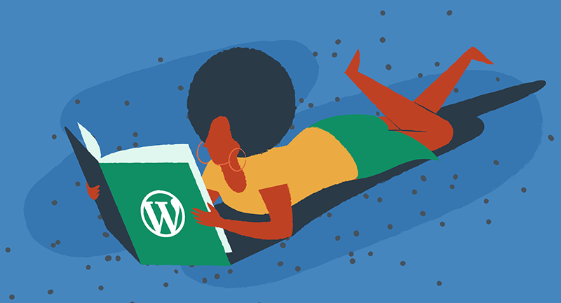 Uma mulher lê um livro para aprender sobre WordPress