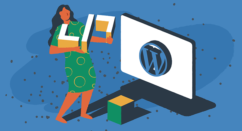 Uma mulher constrói um site WordPress em frente a um fundo azul