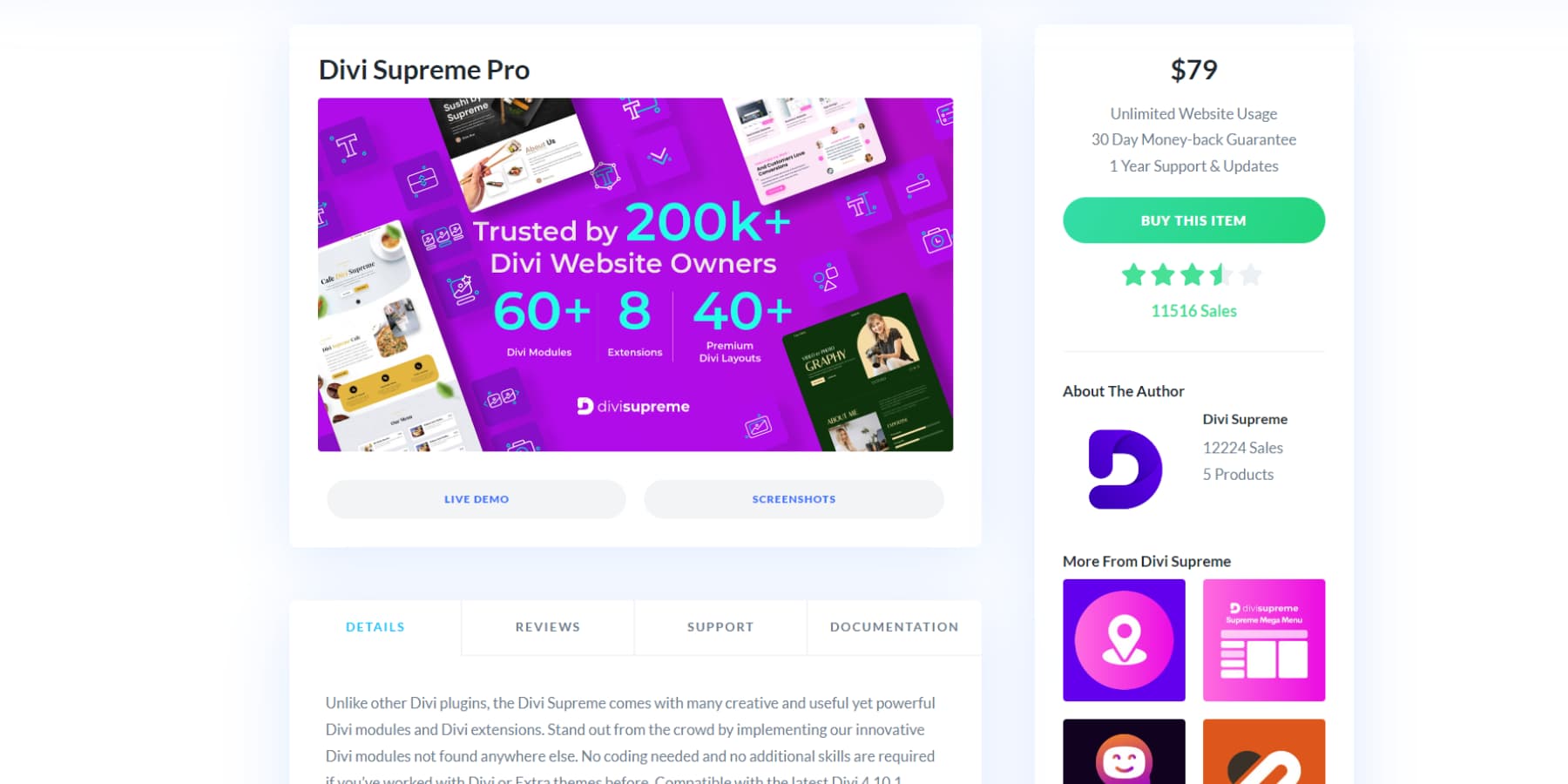 Divi Supreme Pro'nun Divi Marketplace'teki listelemesinin ekran görüntüsü